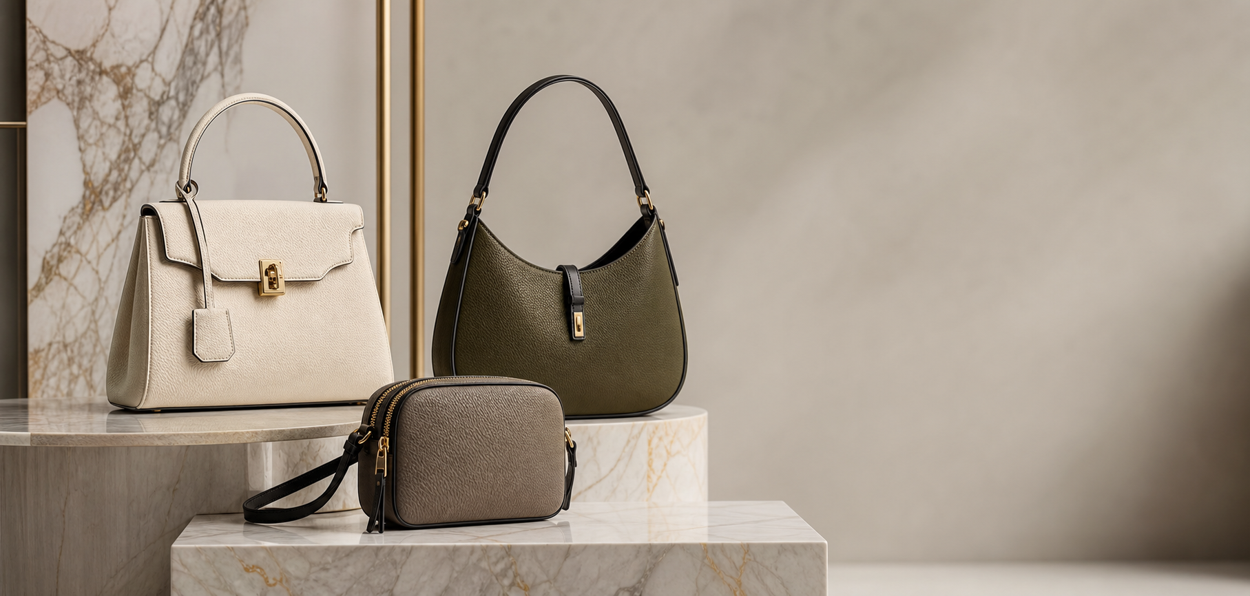 Premium handbags arranged on boutique plinths